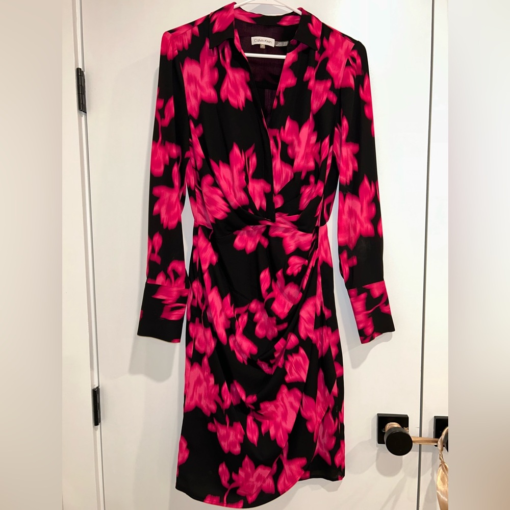 Calvin Klein Black and Pink Floral Long Sleeve Dress